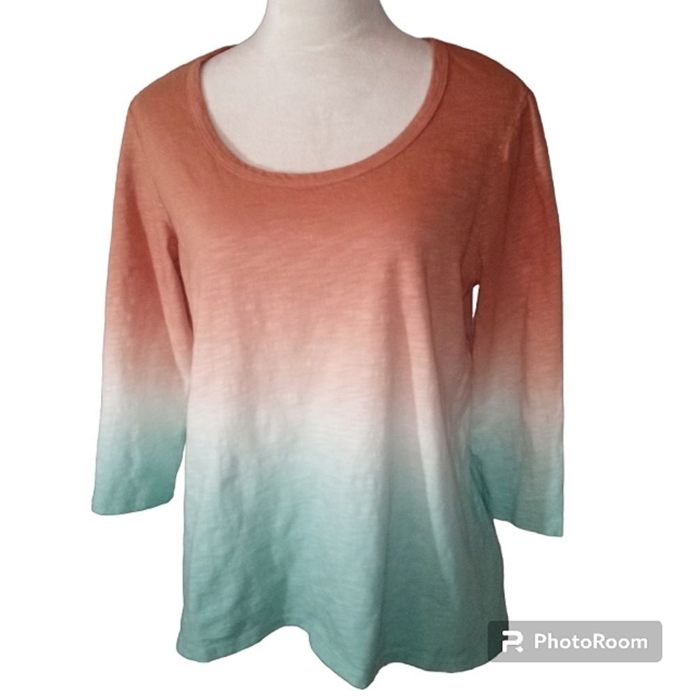 Seven 7 Woman's Burnt Orange and Teal Ombre 3/4 Sleeve Shirt Size M